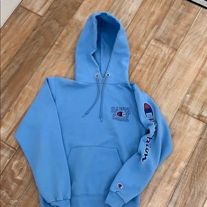 Champion hoodie, slight discoloration around neck